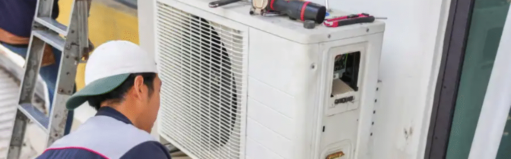HVAC technician repairing air conditioner unit in Cape Cod during hot humid summer weather